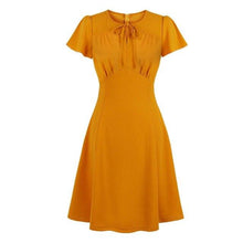 Load image into Gallery viewer, Vintage Dresses 50s 60s 40s 4xl Flare Sleeves Slit V Tie Neck Ruched Detail A Line Vintage Dress Yellow Mustard Elegant
