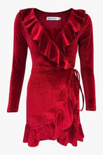 Load image into Gallery viewer, Chirstmas Red Velvet Ruffles Dress Sexy V-Neck Irregular Kimono Wrap Party Mini Dress Autumn Winter Women Long Sleeve Robe GV078