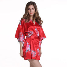 Load image into Gallery viewer, Red Plus Size Chinese Women's Satin Nightgown Short Robe Gown New Style Kimono Bathrobe Sexy Floral Night Dress Sleepwear M48