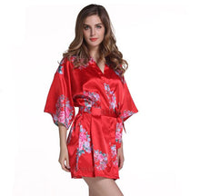 Load image into Gallery viewer, Red Plus Size Chinese Women's Satin Nightgown Short Robe Gown New Style Kimono Bathrobe Sexy Floral Night Dress Sleepwear M48