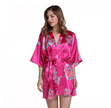 Load image into Gallery viewer, Red Plus Size Chinese Women's Satin Nightgown Short Robe Gown New Style Kimono Bathrobe Sexy Floral Night Dress Sleepwear M48