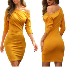 Load image into Gallery viewer, Women sexy one shoulder oblique collar ruched dress Casual 3/4 sleeve slim body con dress mustard black fall 2019 women dress