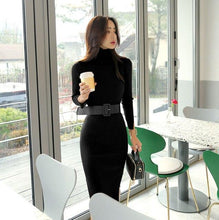 Load image into Gallery viewer, Korean Women Long Sleeve Turtleneck Sweater Dress Mustard Double Split Bodycon Knitted Dress Warm Knee-Length Winter Dress Robe