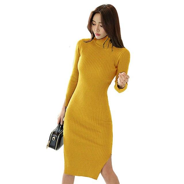 Korean Women Long Sleeve Turtleneck Sweater Dress Mustard Double