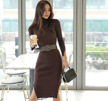 Load image into Gallery viewer, Korean Women Long Sleeve Turtleneck Sweater Dress Mustard Double Split Bodycon Knitted Dress Warm Knee-Length Winter Dress Robe
