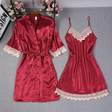 Load image into Gallery viewer, Red Women Lace Kimono Robe Set Lady Satin Bathrobe Bride Bridesmaid Wedding Robe Dress Gown Sexy Nightgown Sleepwear M L XL