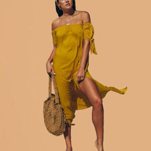 Load image into Gallery viewer, Off Shoulder Maxi Dress Slit Sukienka Women Robe Femme Ete 2019 Nightclub Black Red Short Sleeve Lady Party Mustard Yellow Dress